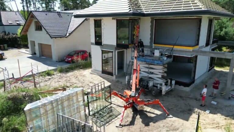 Montaż dużych przeszkleń w domu jednorodzinnym z użyciem podnośnika